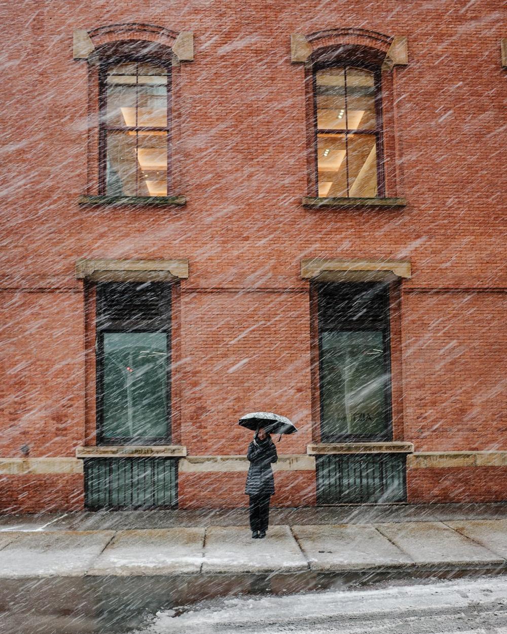 A person with an umbrella in heavy snow in front of a brick building