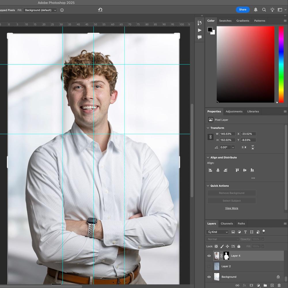 Headshot open in Adobe Photoshop during the retouching process