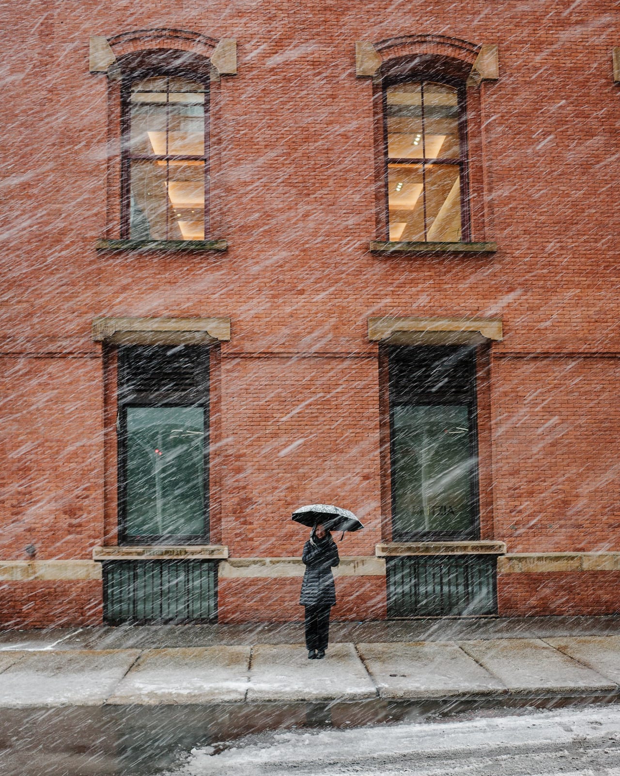 A person with an umbrella in heavy snow in front of a brick building