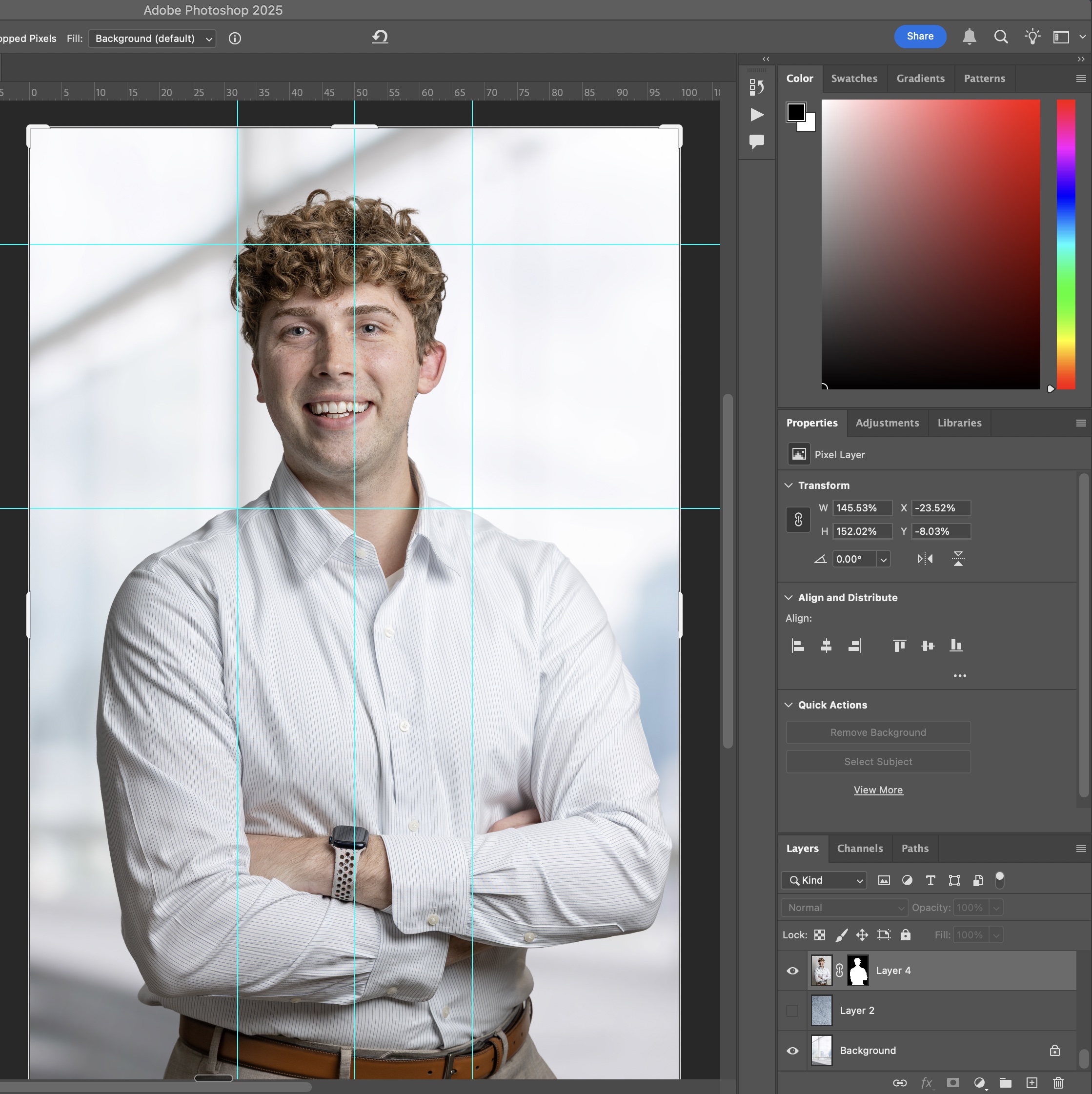 Headshot open in Adobe Photoshop during the retouching process